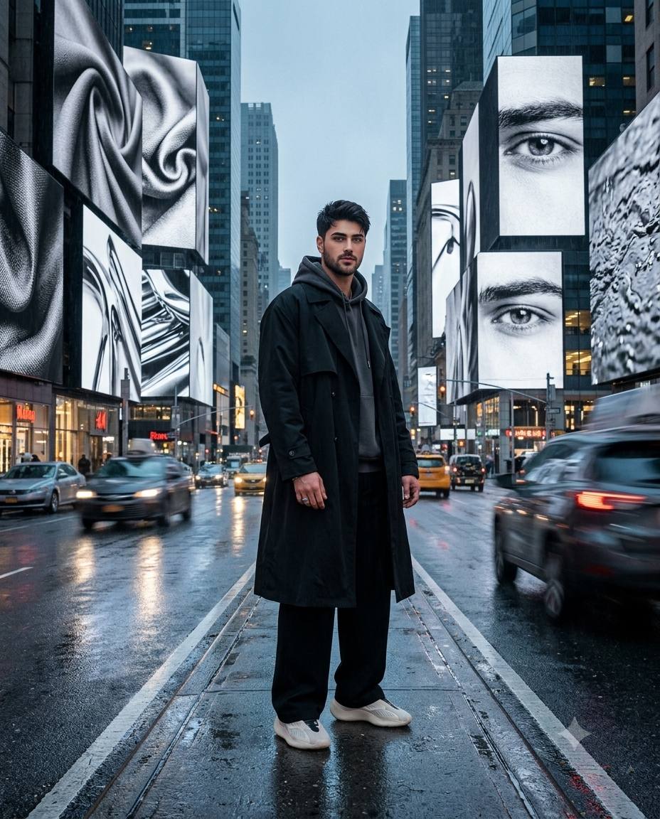 Metropolitan fashion portrait AI prompt | Wet streets and luxury streetwear