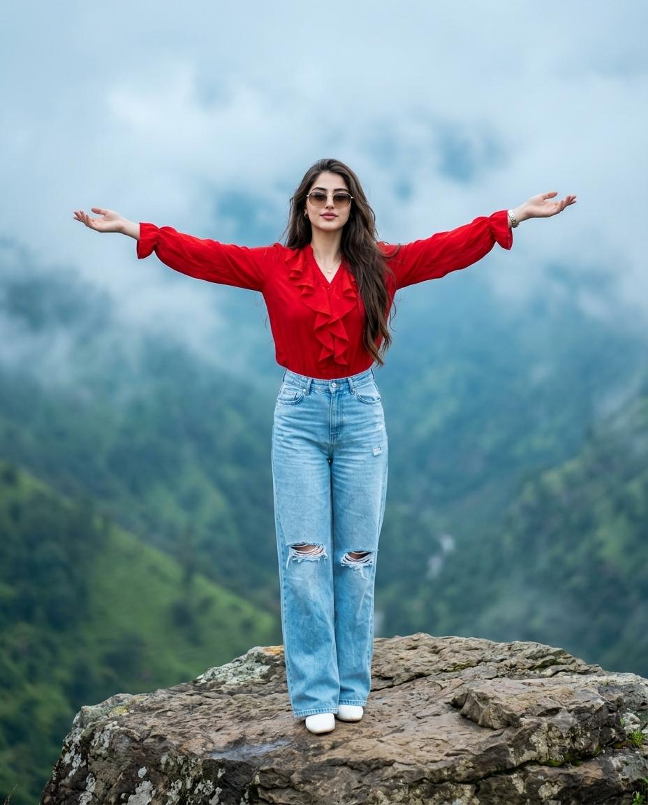 Misty Mountain Cliff Woman Portrait AI Image Prompt | Red Ruffled Blouse Dreamy Travel Editorial 4K
