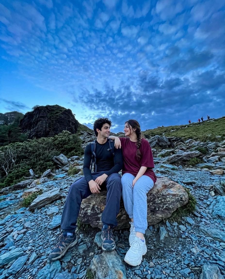 Mountain Couple Travel Portrait AI Image Prompt | Worm’s-Eye iPhone 16 Pro Max Photography