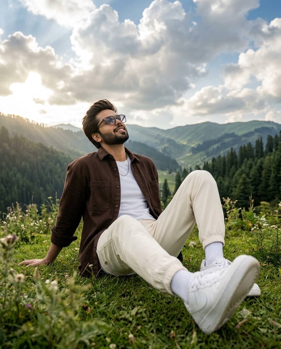 Mountain glade man portrait AI prompt | Brown overshirt & cream joggers