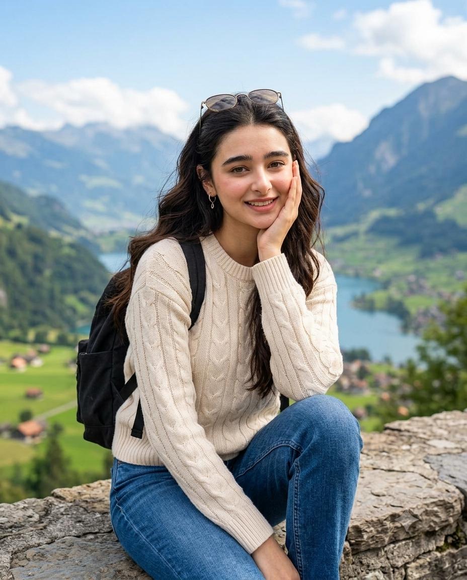 Mountain view woman AI prompt | Cream sweater, denim jeans & cinematic portrait