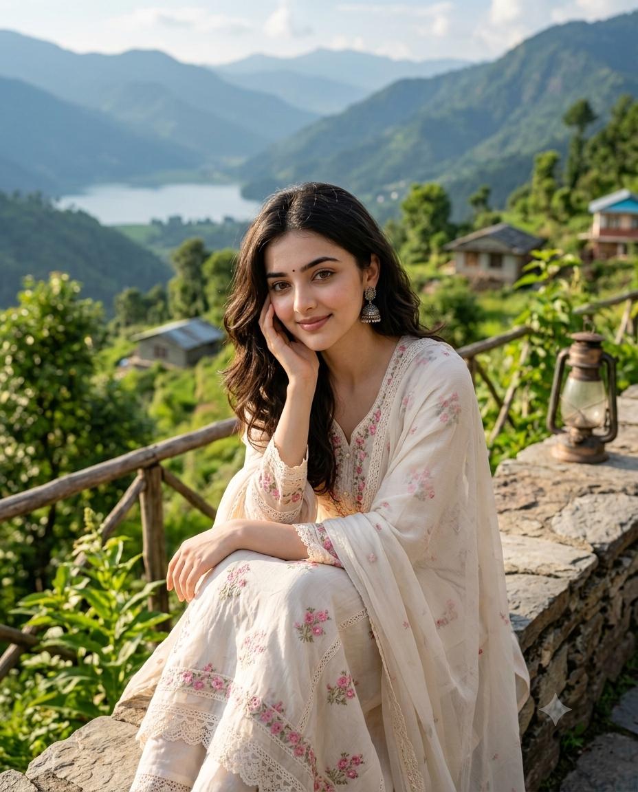 Mountain view woman AI prompt | Floral traditional outfit & cinematic portrait