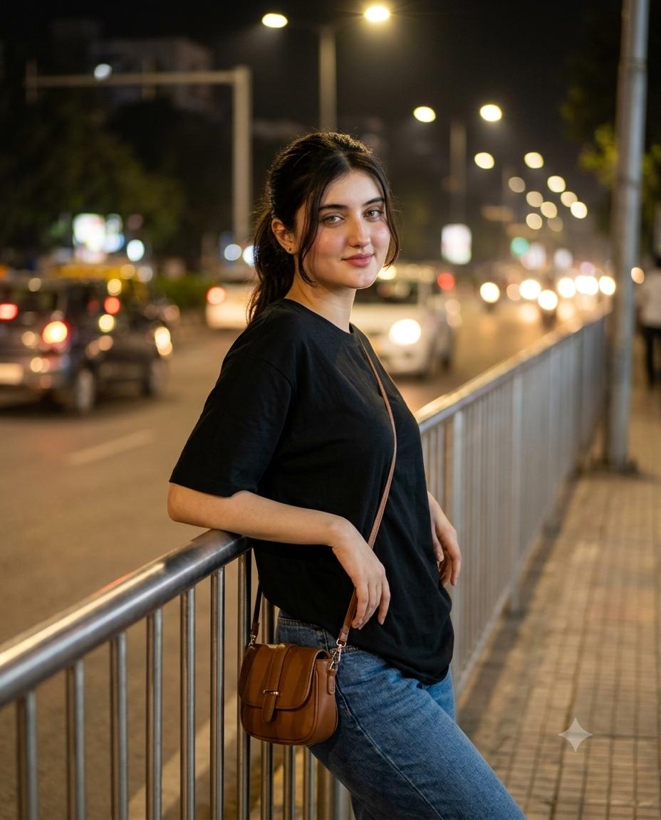 Indian Woman Night Street Portrait AI Image Prompt | Cinematic City Bokeh & Casual Fashion