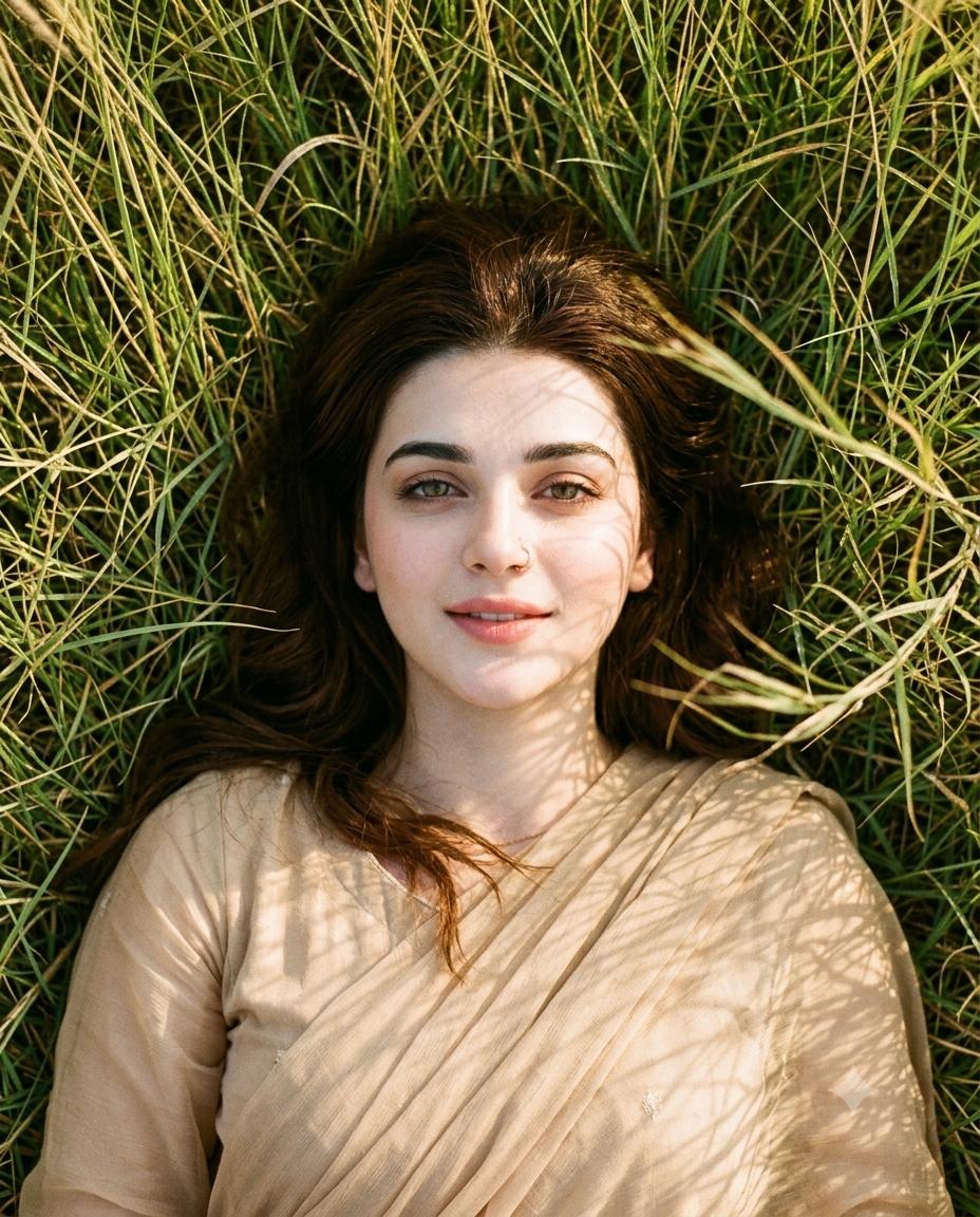 Golden Hour Meadow Portrait AI Image Prompt | Overhead View & Fine Film Grain