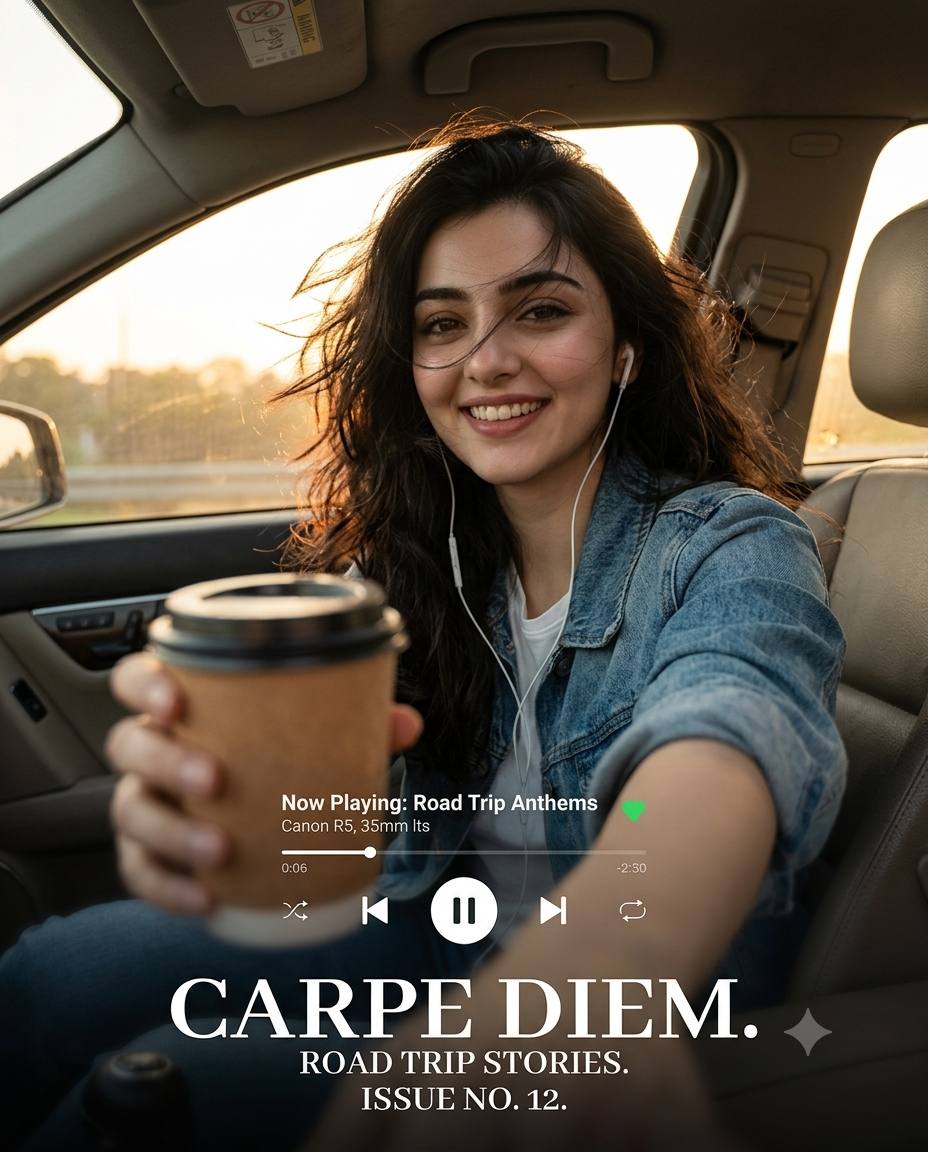 Road trip woman portrait AI prompt | Sunset, music and coffee