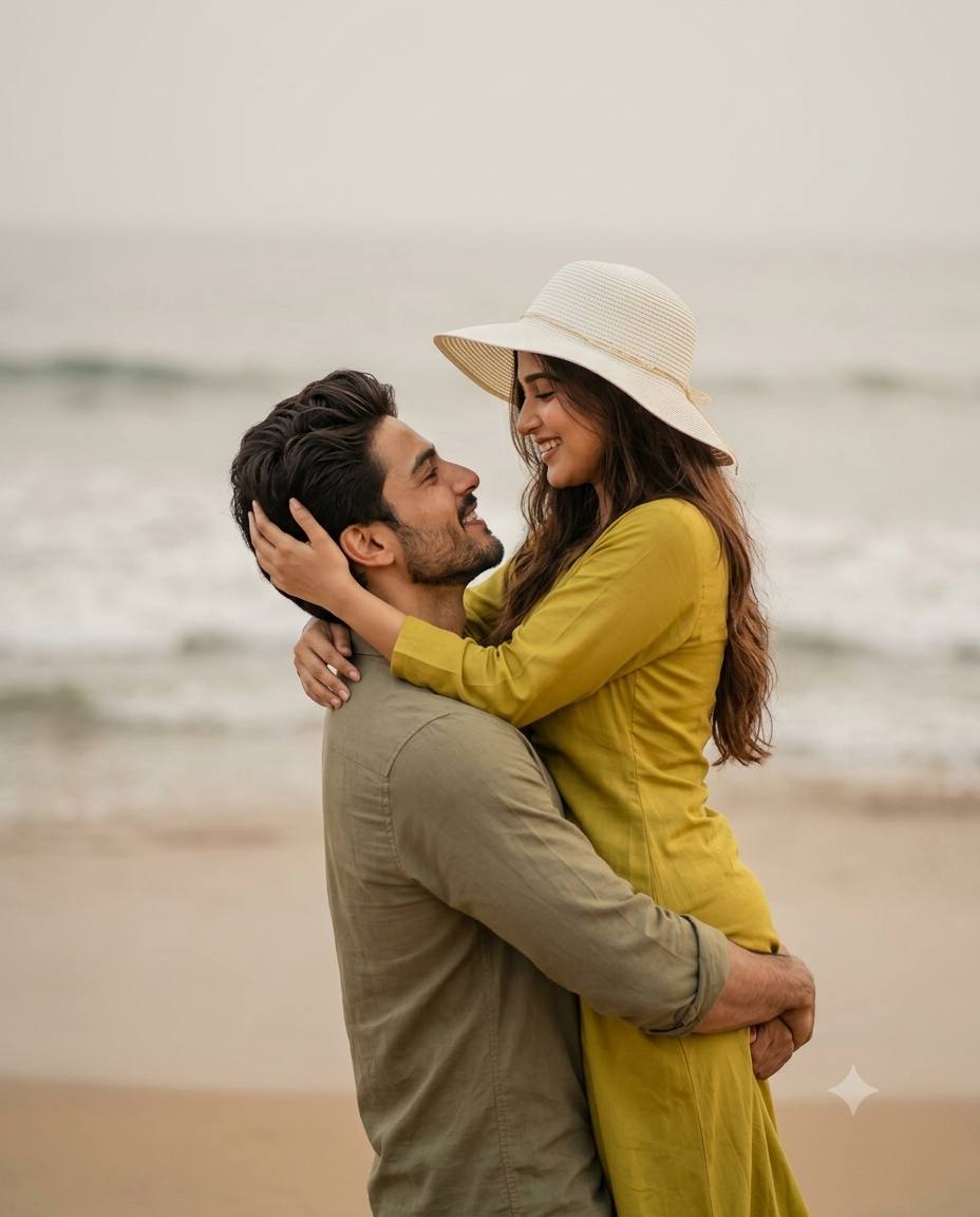 candid beach couple AI prompt | Warm embrace & olive green outfits