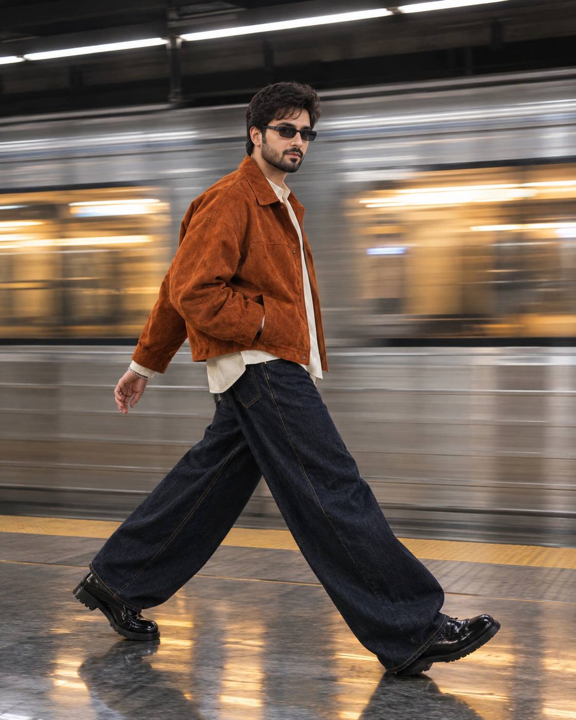 Subway fashion portrait AI prompt | Burnt orange suede jacket & motion blur