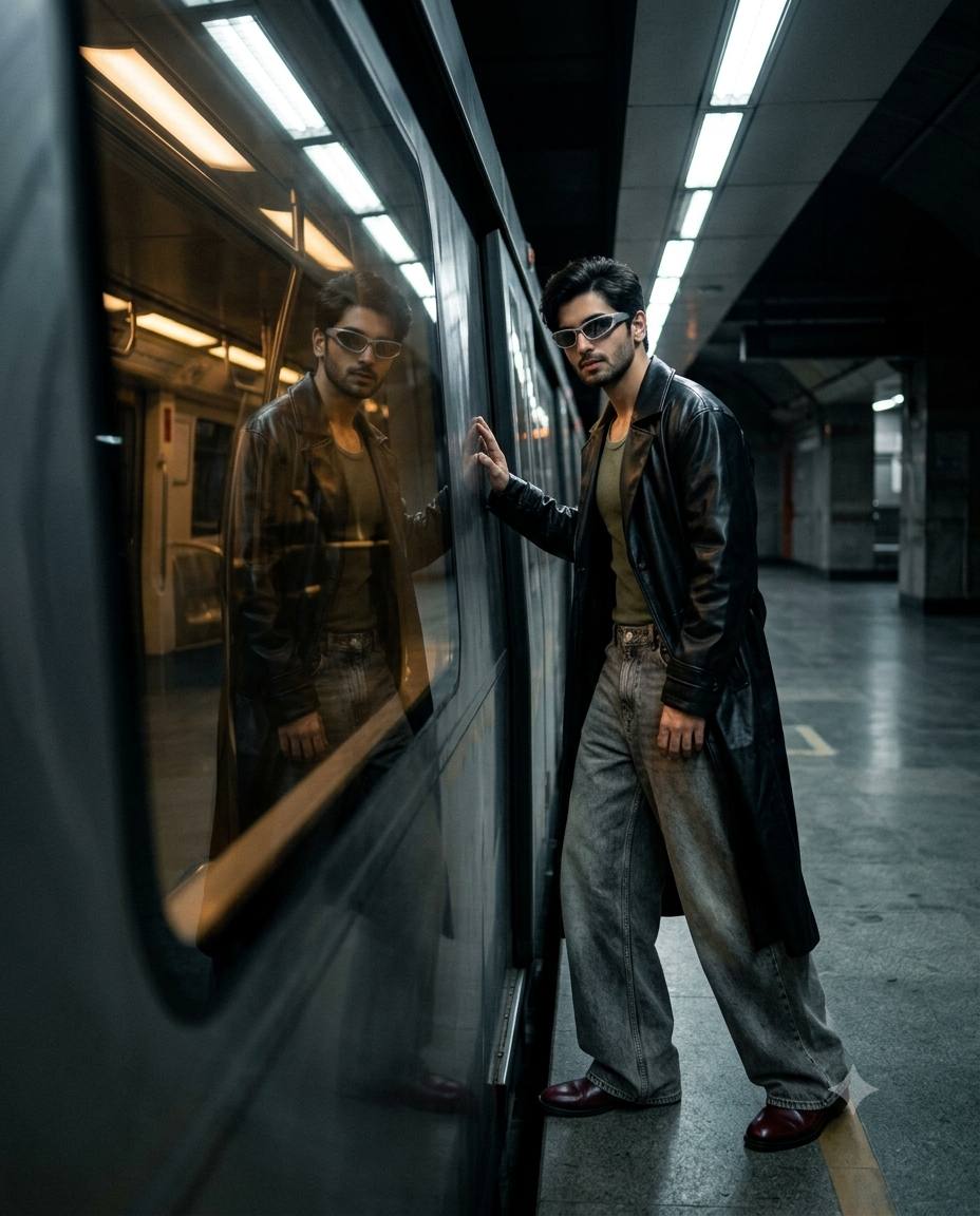 Subway reflection fashion AI prompt | Leather trench, wide-leg denim & burgundy shoes