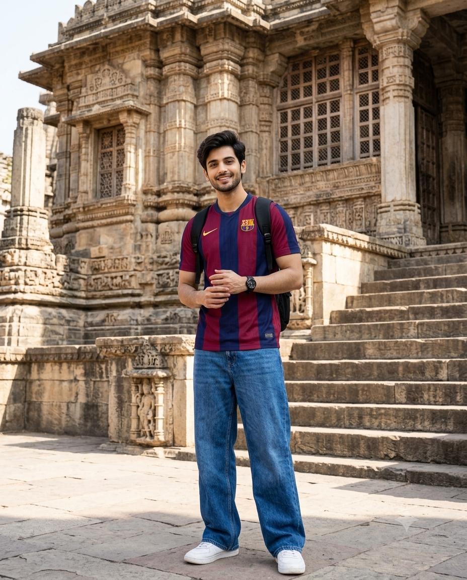 Young Man Temple Travel Portrait AI Image Prompt | Striped Football Jersey, Jeans
