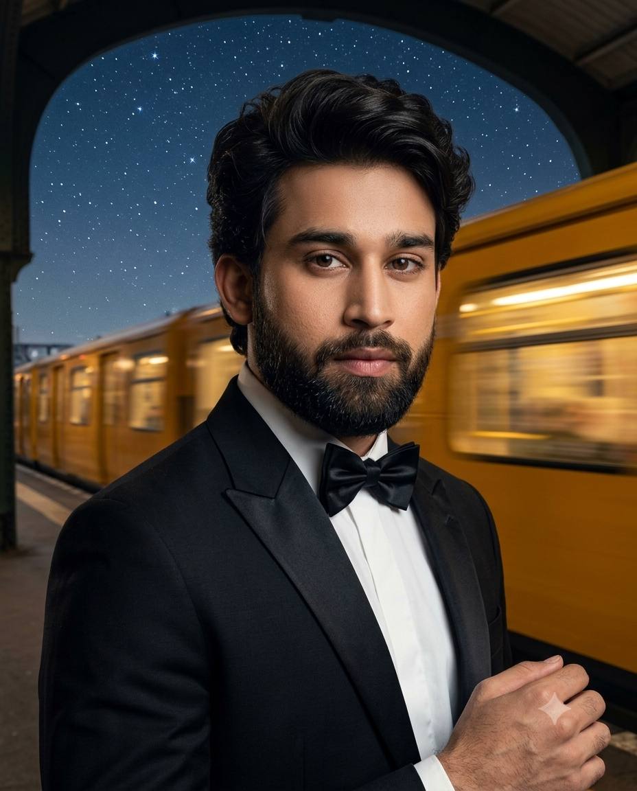 ultra realistic Tuxedo train portrait AI prompt | Starry night & motion blur