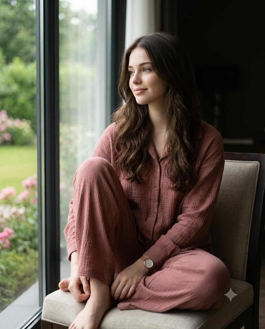 Young Woman Window Portrait AI Image Prompt | Dusty Rose Co-Ord & Natural Daylight