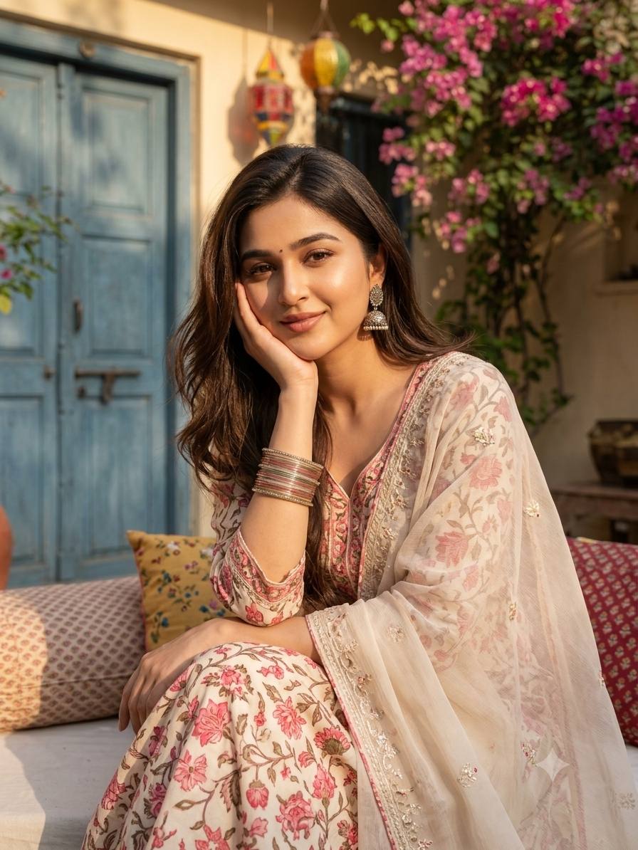 Cream and pink floral Indian portrait AI prompt | Elegant traditional courtyard style