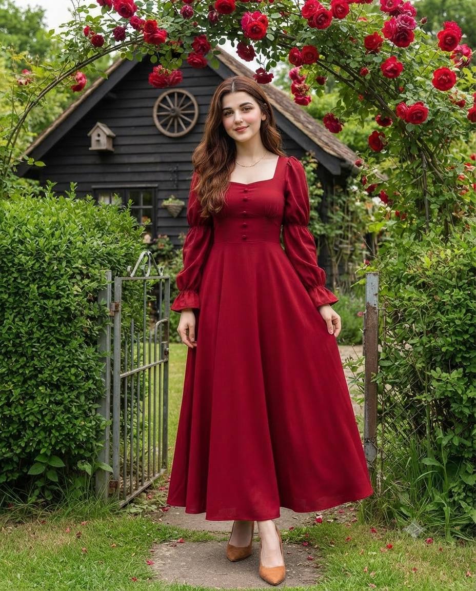 Crimson red maxi dress garden portrait AI prompt | Cinematic cottage style