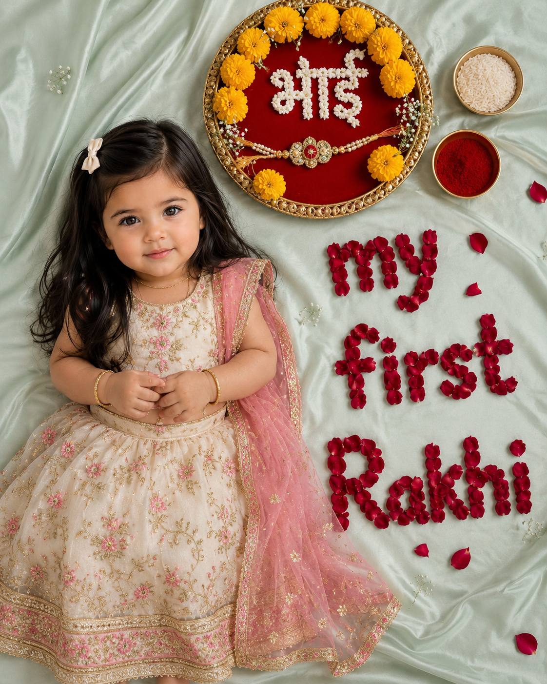 Cute Baby Girl’s First Rakhi Flat Lay Photoshoot with Traditional Thali AI Image Prompt