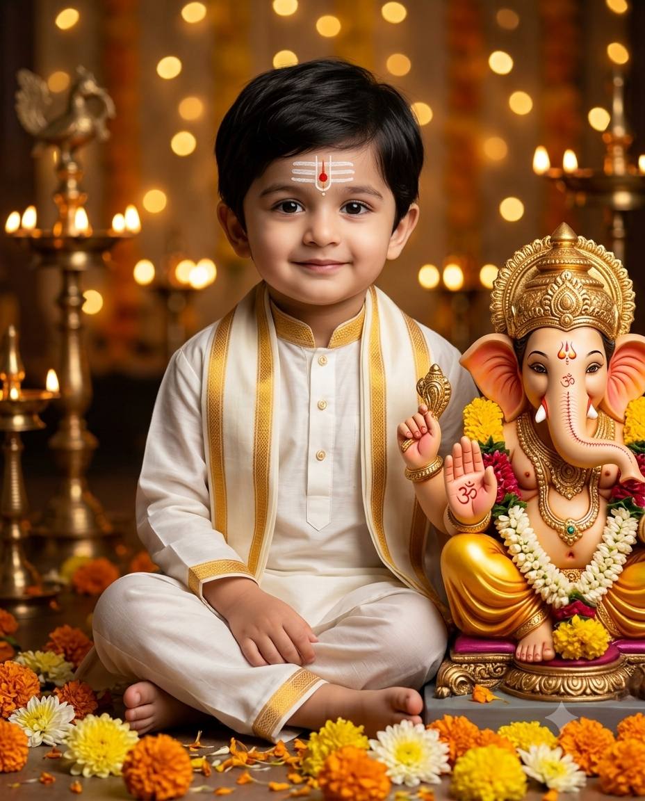 Cute Indian Boy with Golden Lord Ganesha Idol - Realistic Ganesh Chaturthi Festive AI image prompt