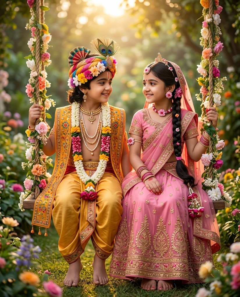 Cute Little Krishna and Radha on a Flower Swing in a Golden Garden AI Image Prompt