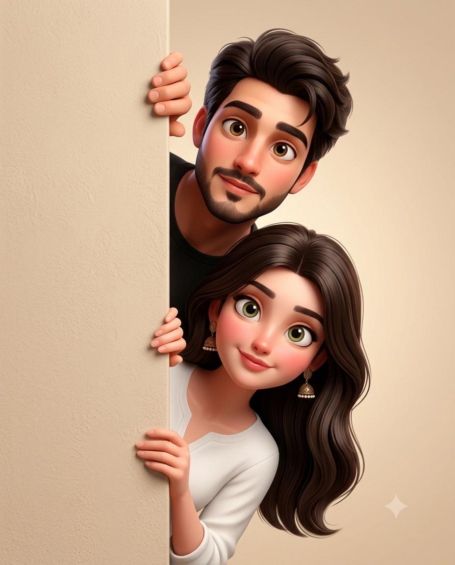 Cute Couple 3D 3D Disney-Style Cartoon Portrait AI Image Prompt | Pixar-Style Wall Peek