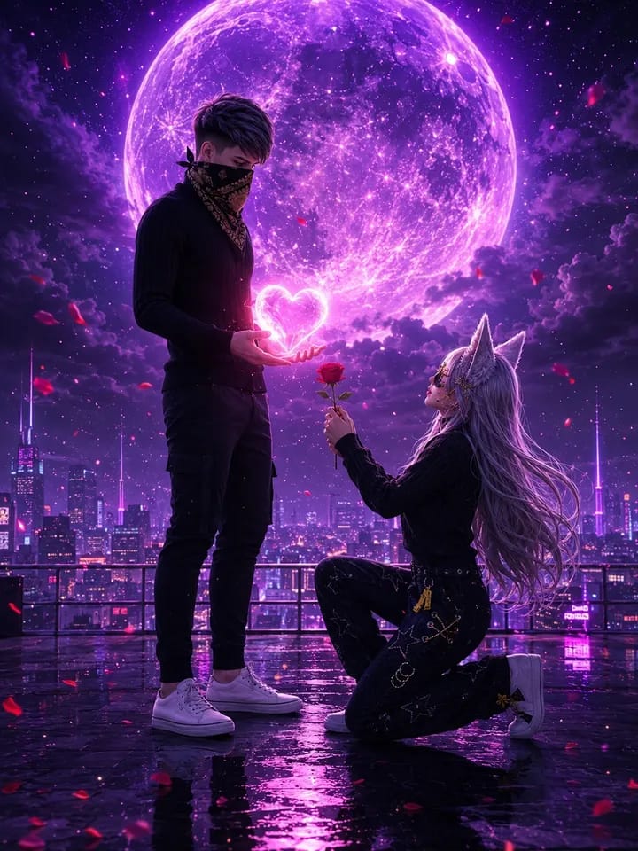 Cyberpunk Couple AI Prompt | Purple Moon Fantasy Romantic Portrait