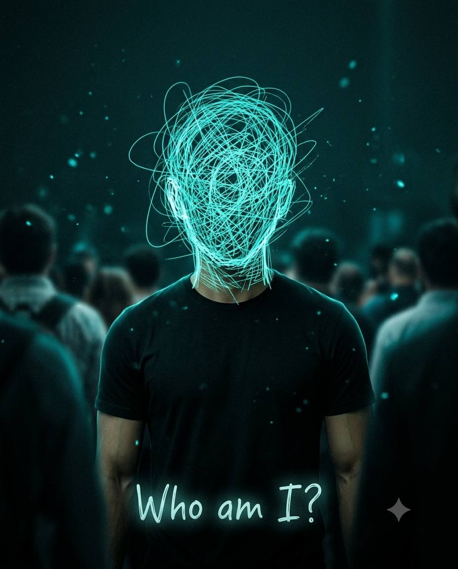 Cinematic mystery portrait AI prompt | Glowing cyan scribble face Dark Cinematic “Who Am I?
