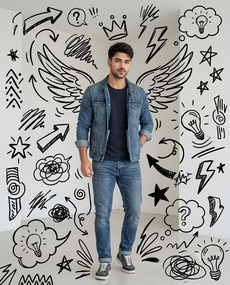 Doodle Art Person Portrait AI Image Prompt | Hand-Drawn Sketches, Wings & Social Media Style