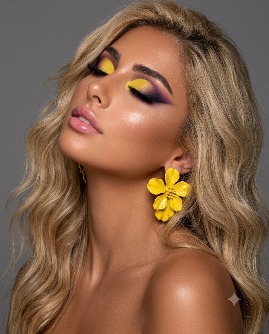 Yellow purple makeup portrait AI prompt | Beach-wave hair and macro style