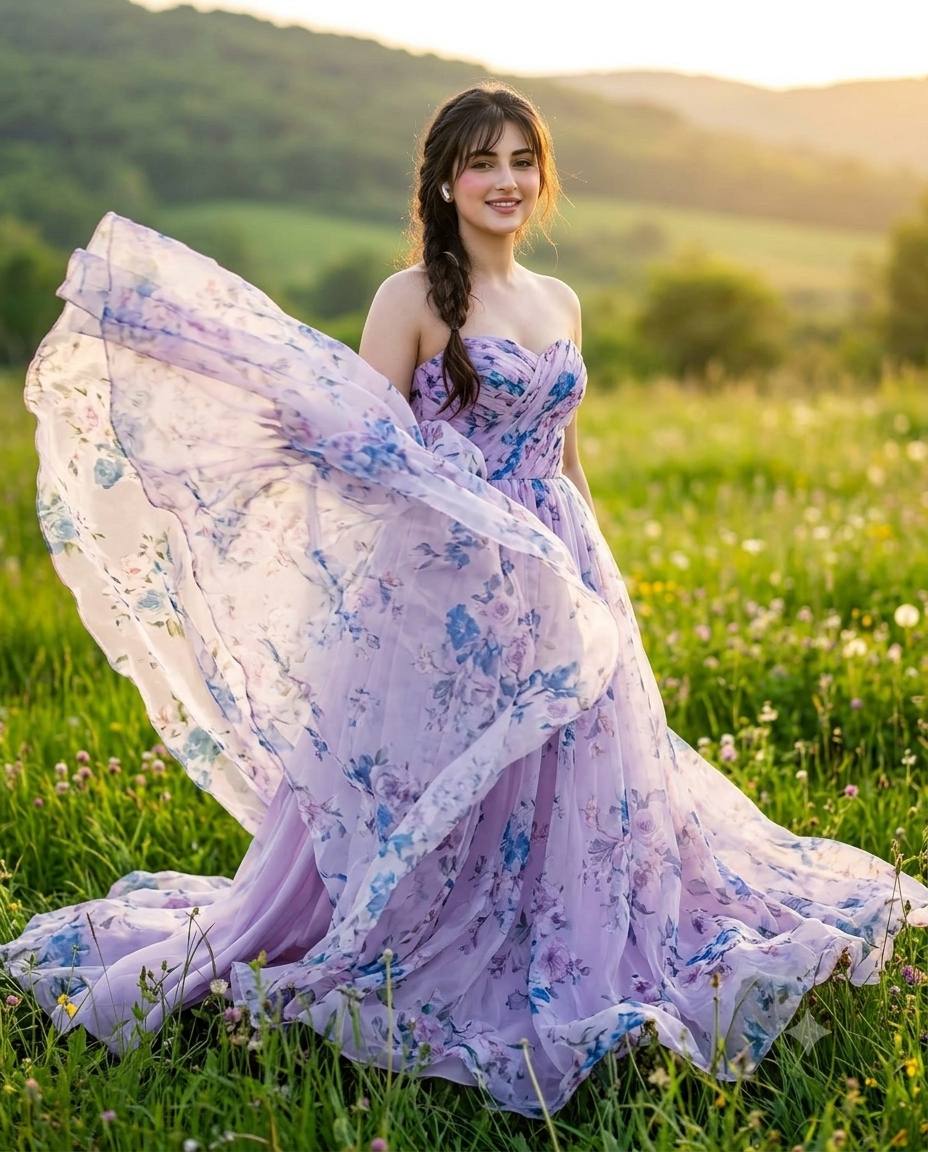 Lilac blue gown portrait AI prompt | Flowing train, braided hair & green meadow