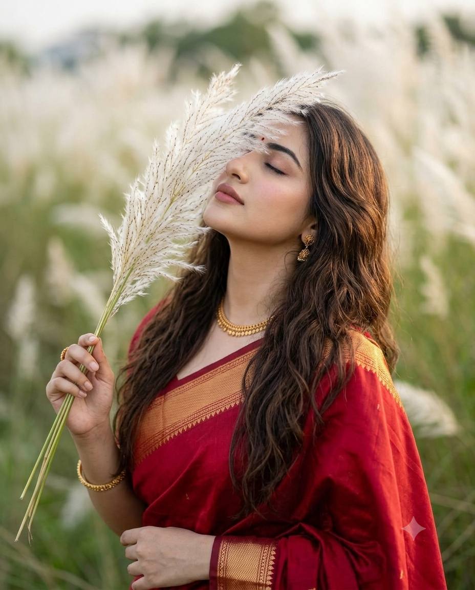 Red silk saree portrait AI prompt | White flowers & serene outdoor mood