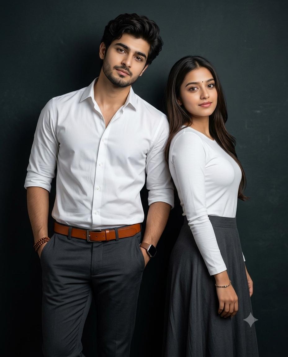 Elegant Couple DSLR Portrait AI Image Prompt | White Shirt & Dark Studio Background