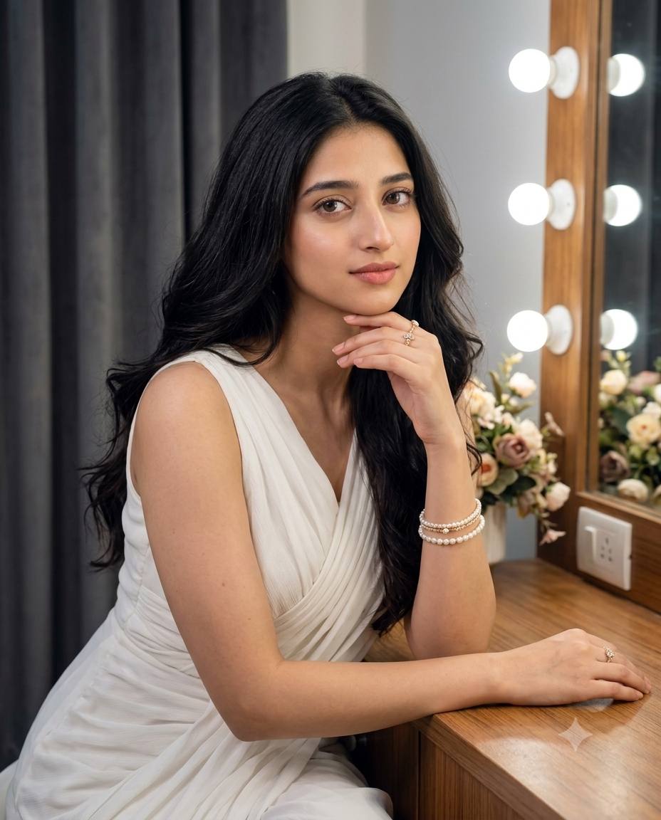 Dressing room mirror portrait AI prompt | White draped outfit & vanity lights