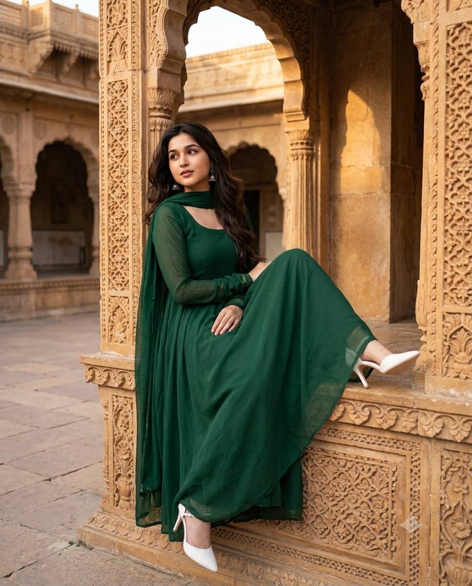 Green Anarkali portrait AI prompt | Chiffon suit, stone archway & warm sunlight