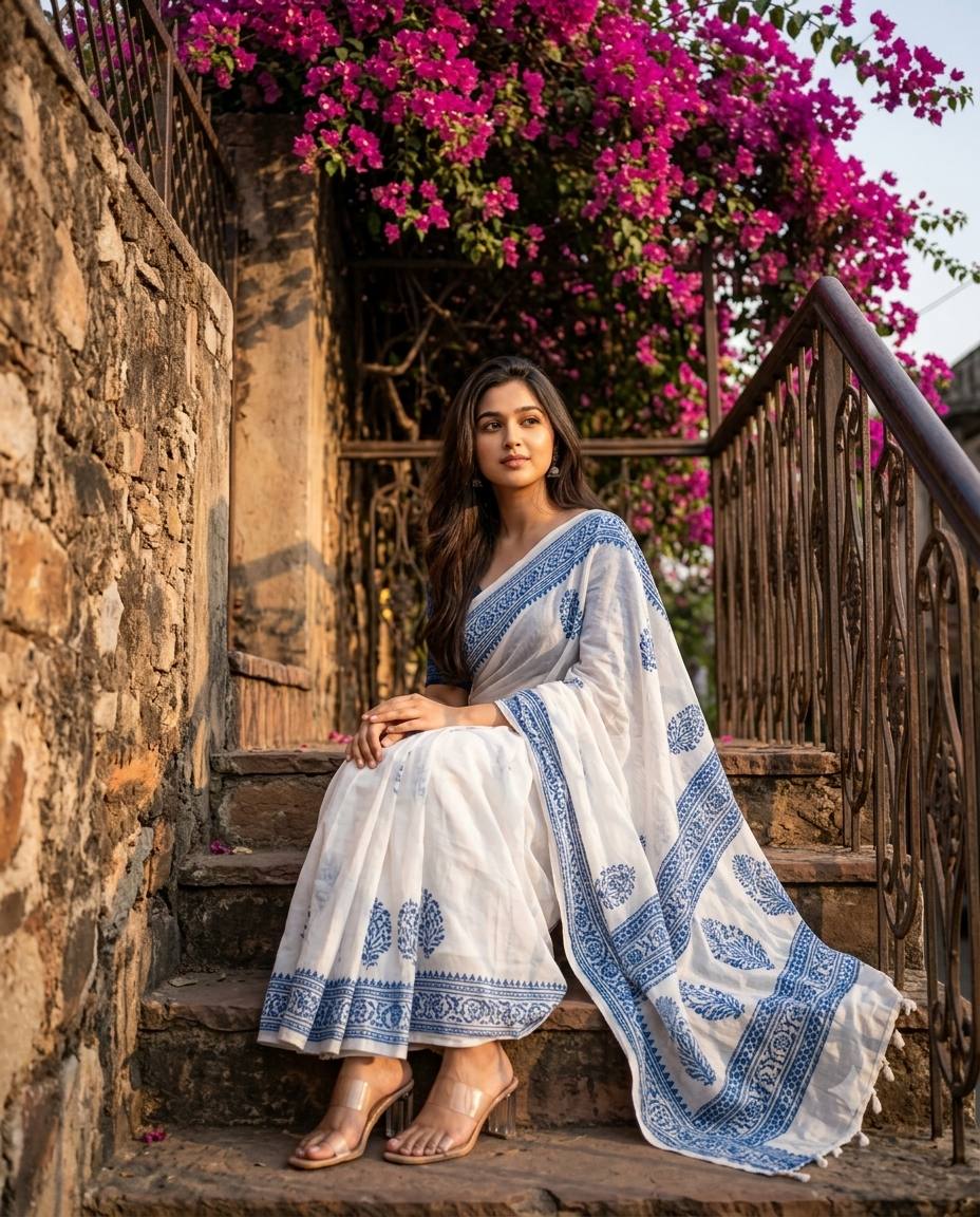 Blue saree portrait AI prompt | Stone steps, magenta flowers & cinematic 8K