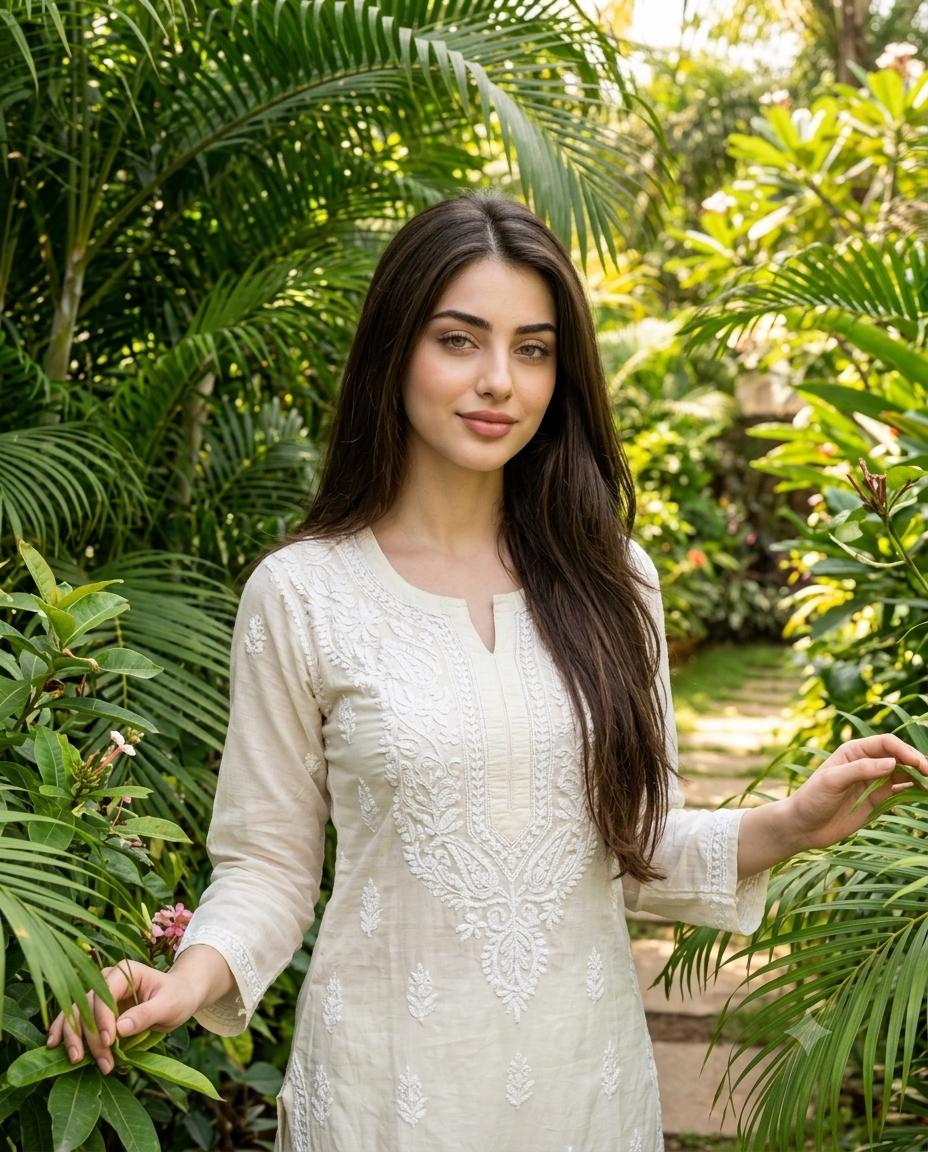 Indian Woman Kurta Portrait AI Image Prompt | Ivory Embroidery & Tropical Garden Sunlight