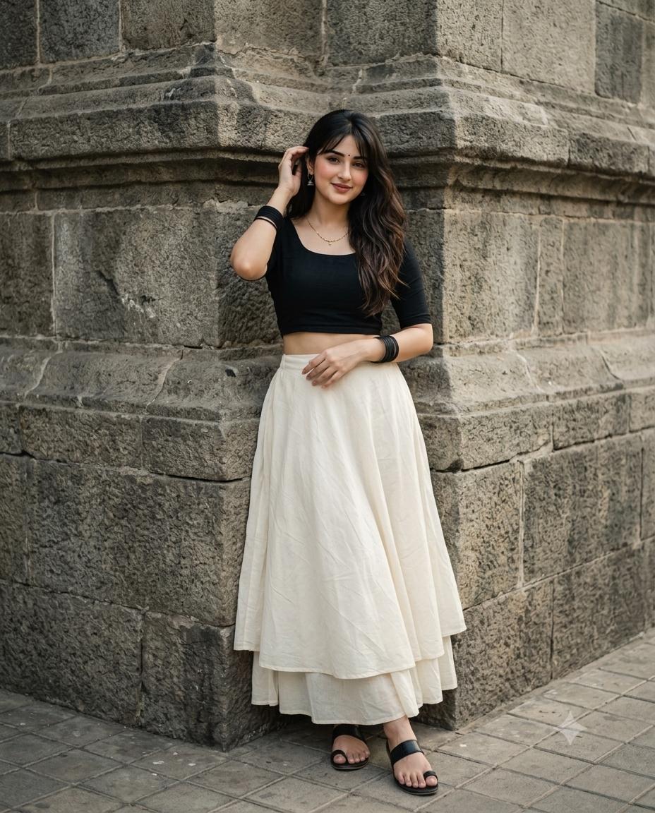 Indian woman fashion AI prompt | Black crop top, off-white skirt & stone wall