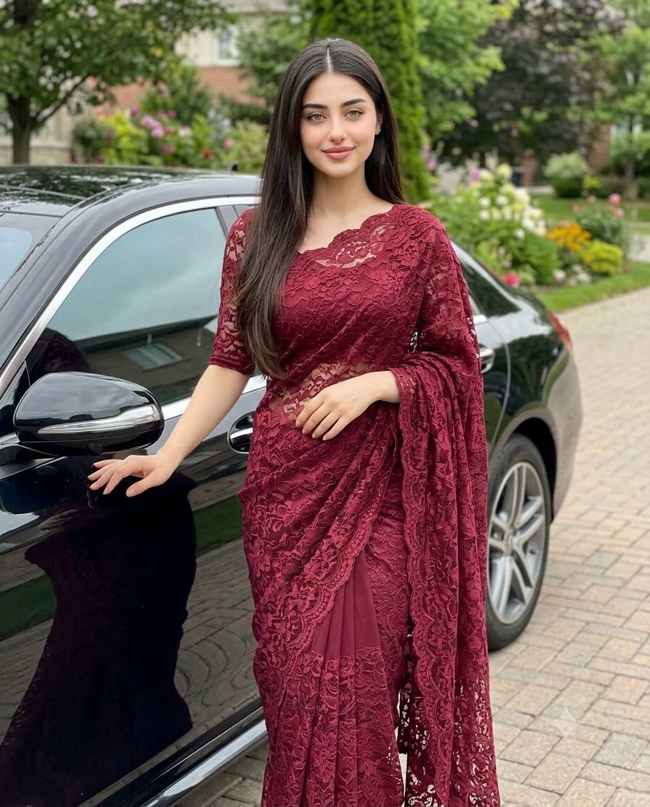 Maroon lace saree portrait AI prompt | Black sedan & garden setting