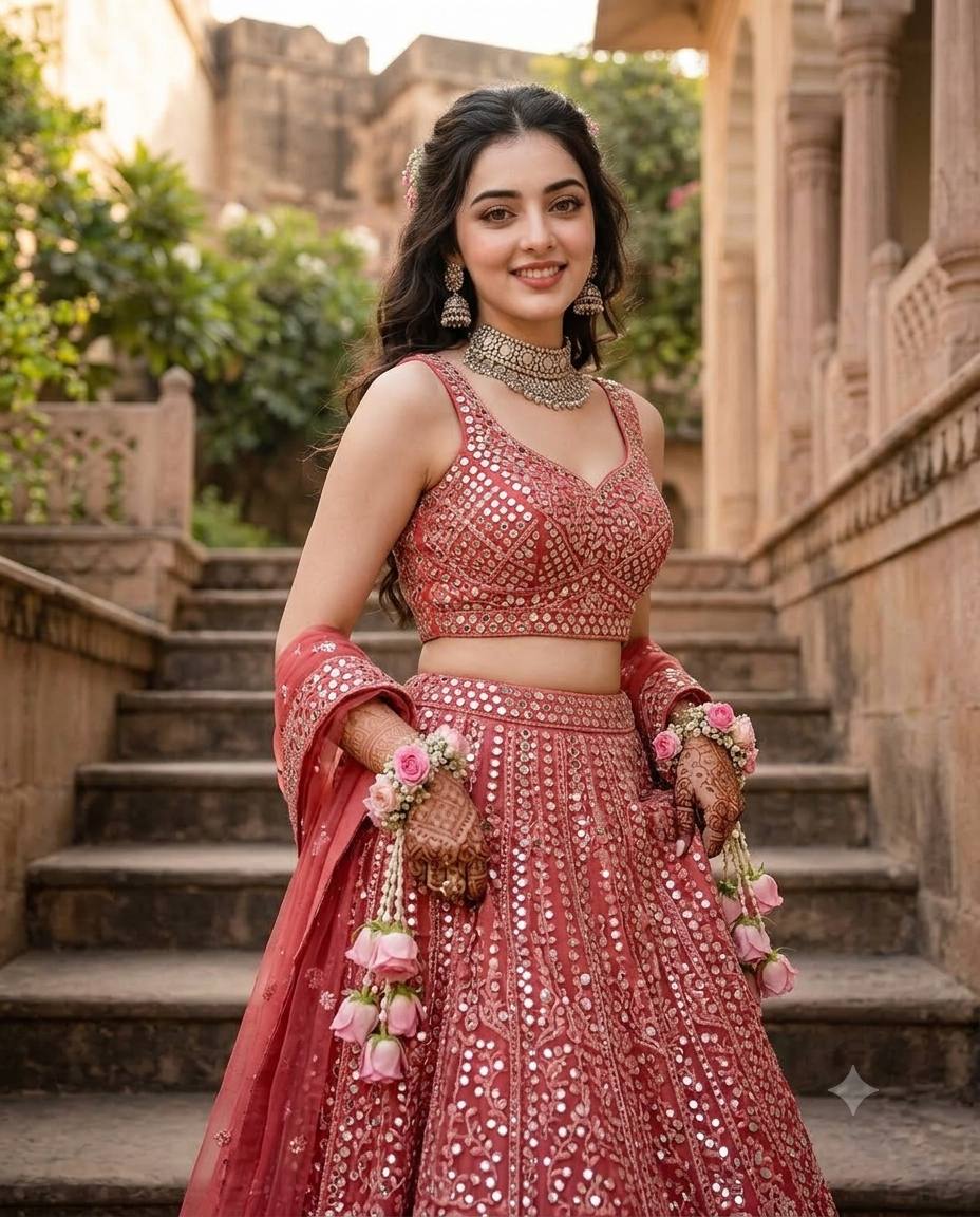Red bridal lehenga portrait AI prompt | Mirror work, silver jewelry and henna