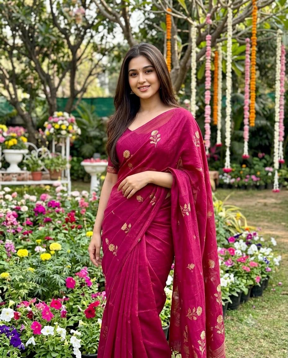 South Asian saree portrait AI prompt | Pink floral saree & garden Cinematic Outdoor Photography