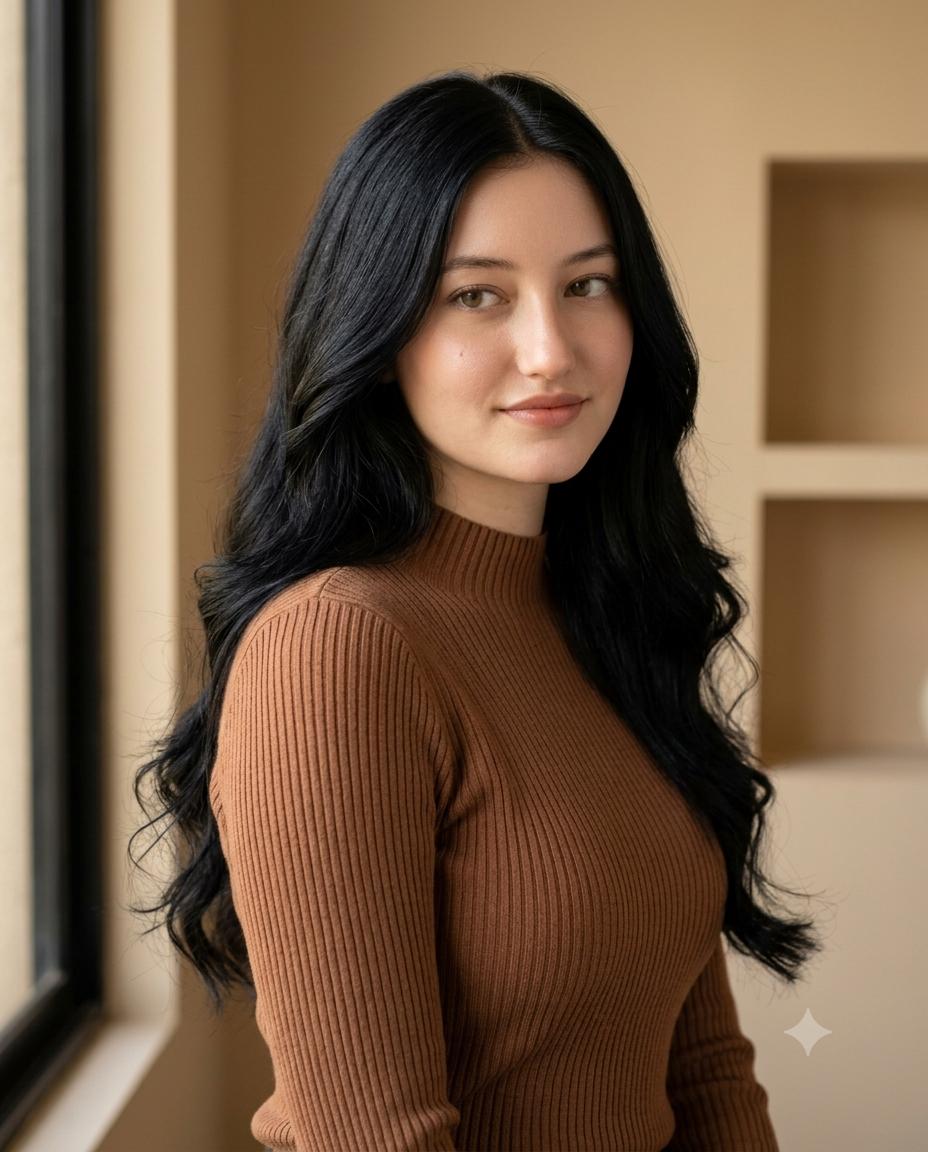 South Asian Woman Sweater Portrait AI Image Prompt | Brown Ribbed Knit & Soft Voluminous Hair