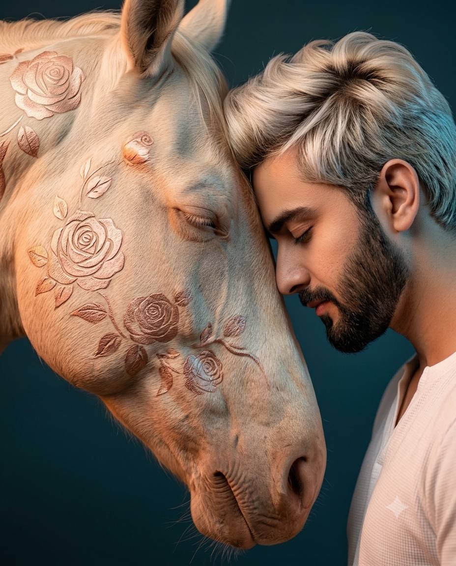 Man and rose-gold horse AI prompt | Metallic coat & teal-orange lighting