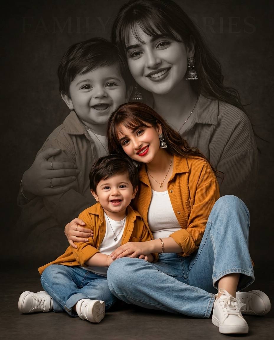 Mother-son portrait AI prompt | Matching mustard outfits and cinematic family style