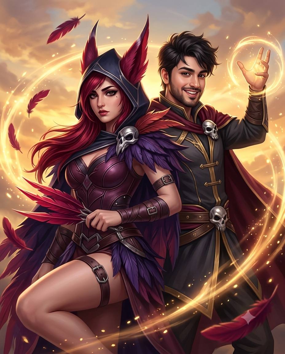 Fantasy rogue duo AI prompt | Cinematic magical sunset