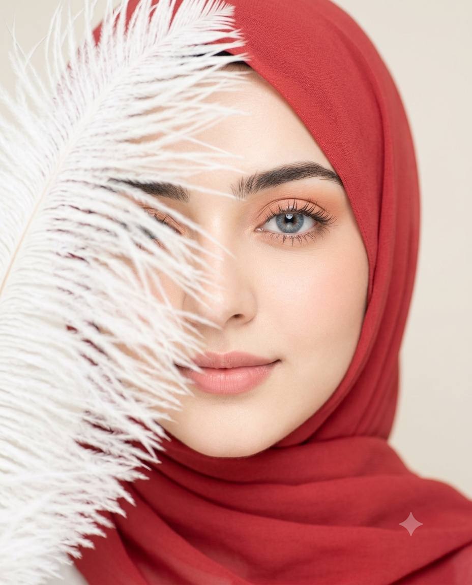Ethereal Red hijab beauty AI prompt | Feather veil & soft glam editorial 8K
