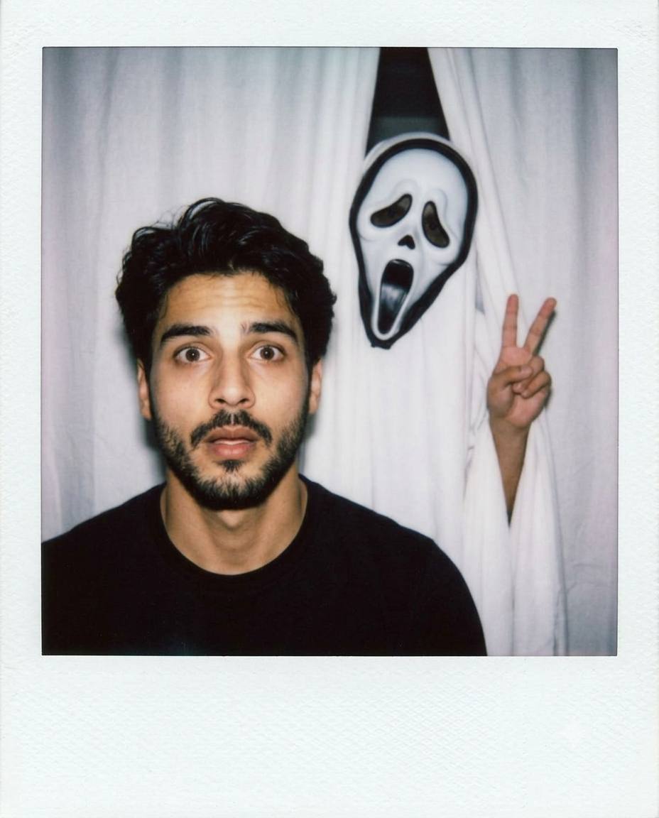 Funny Halloween Polaroid AI prompt | Shocked expression & masked ghost