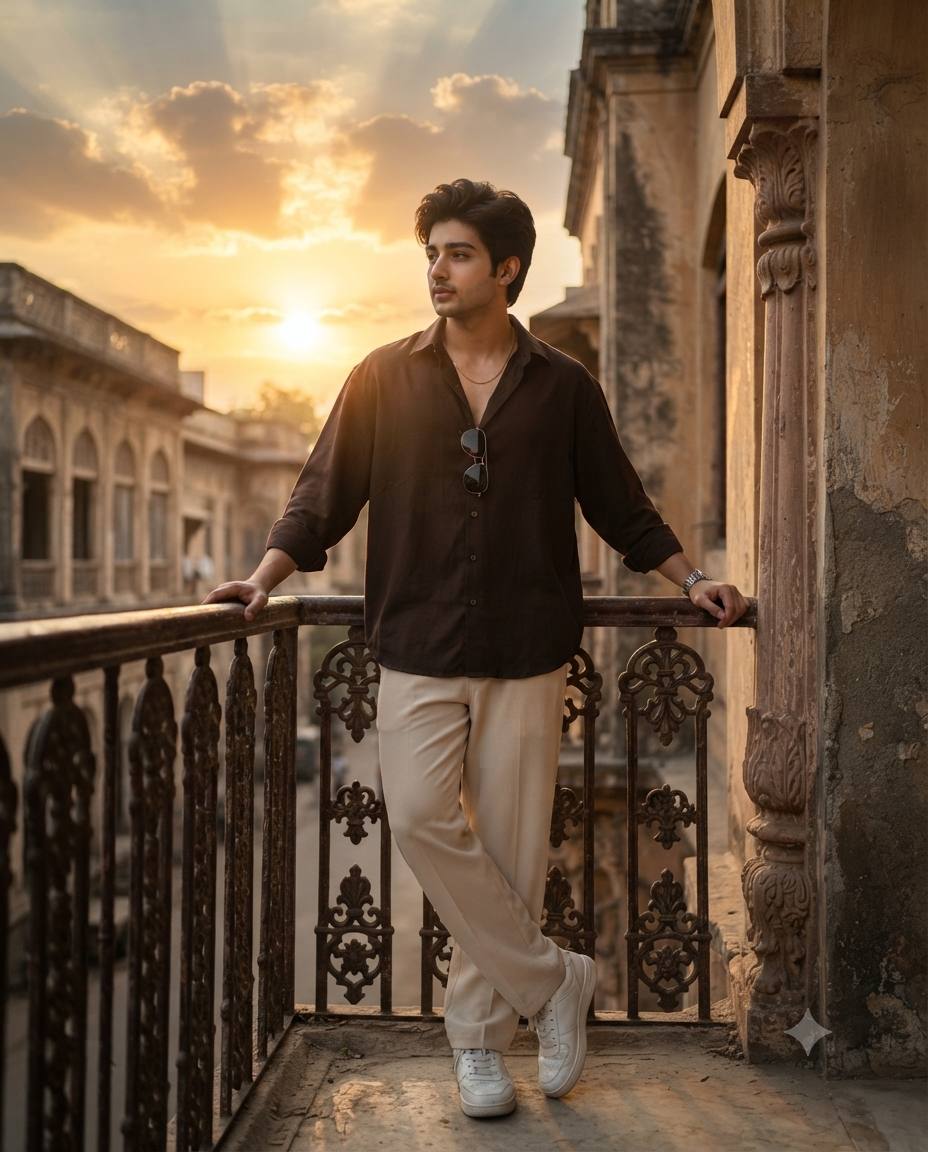 Indian man balcony fashion portrait AI prompt | Golden hour cinematic style