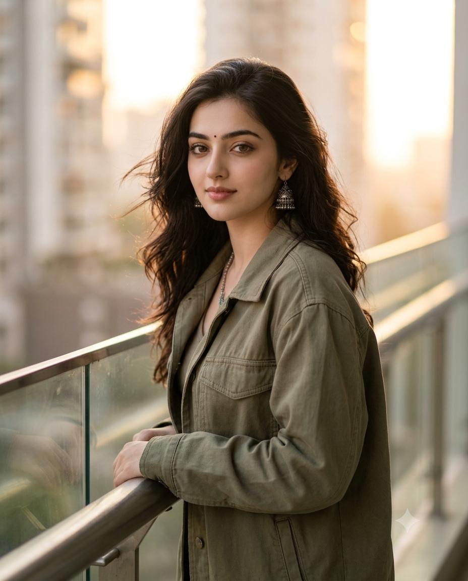 Young Woman Balcony Portrait AI Image Prompt | Oversized Jacket & Golden Hour City Bokeh