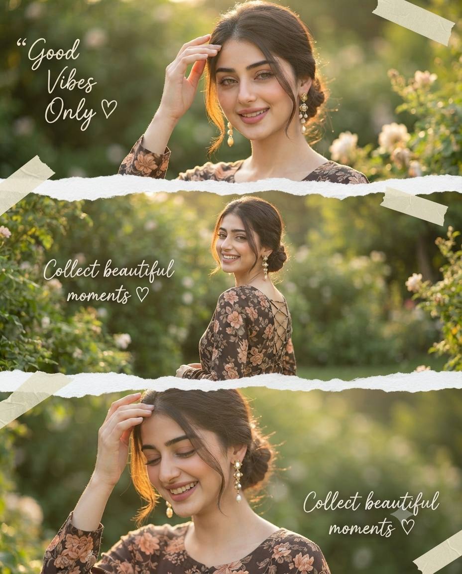 Golden hour garden portrait collage AI prompt | 3-panel vertical style