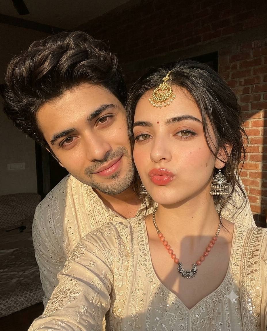Indian couple selfie AI prompt | Cream outfits, maang tikka & warm sunlight
