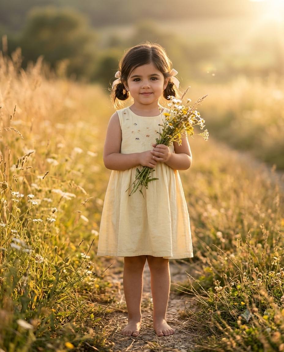 Indian girl countryside portrait AI prompt | Pastel yellow frock and wildflowers