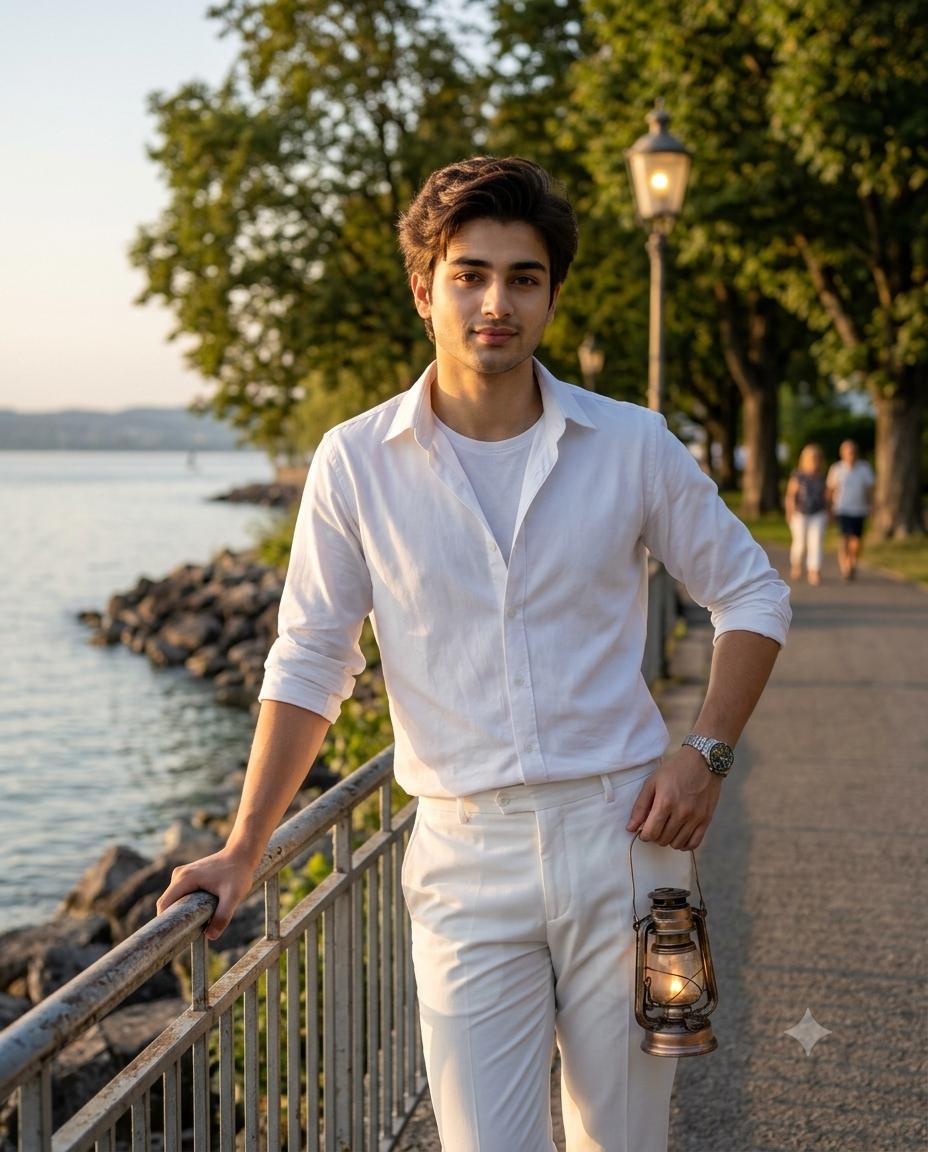 Lakeside Man Golden Hour Portrait AI Image Prompt | Sunglasses & Cinematic Lifestyle Photography