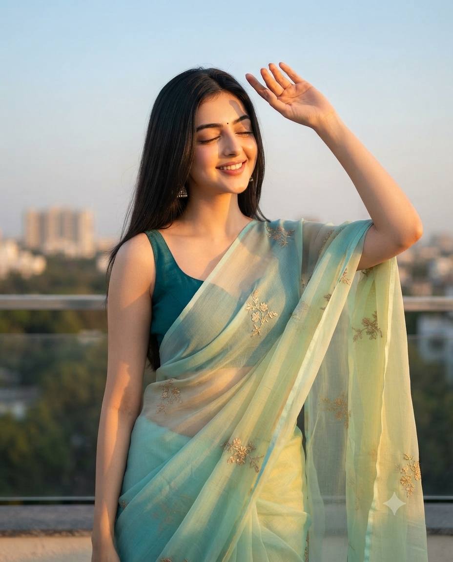 Golden hour saree rooftop portrait AI prompt | Cinematic terrace style