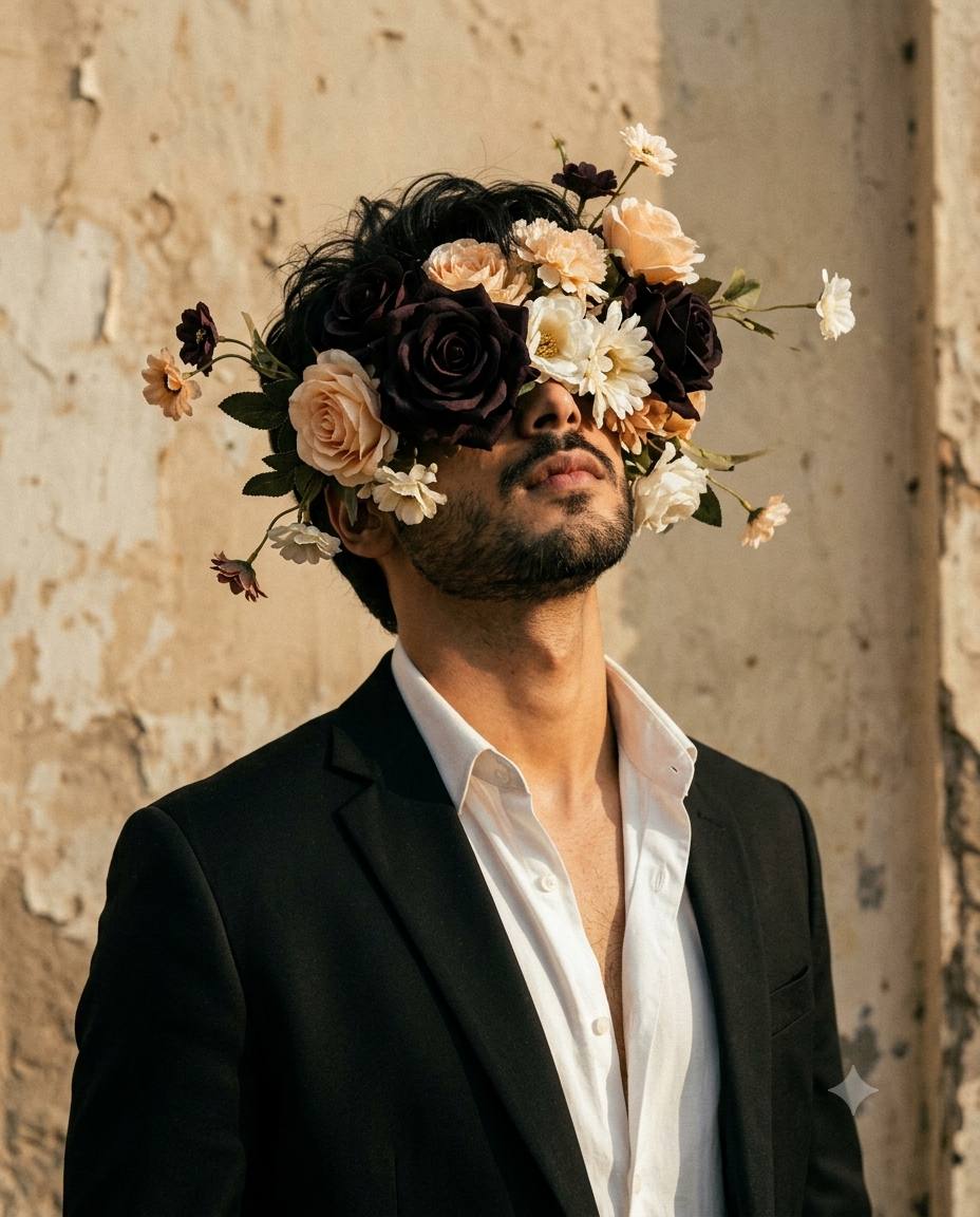 Gothic floral man portrait AI prompt | Burgundy roses and moody vintage style